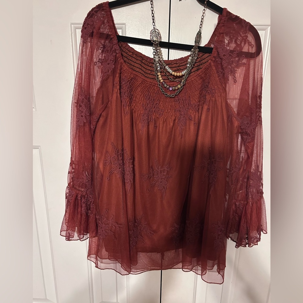 NWOT Bohemian off shoulder burgundy Lacey boutique blouse
